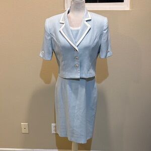 Kasper 2 Piece Set Light Blue and White Midi Dress with Matching Jacket-Size 6
